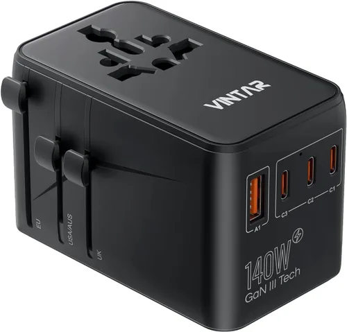 VINTAR 140W GaN Universal Travel Adapter, 6-in-1 International Power Adapter with 2AC, 3 USB-C PD & 1 USB-A QC, All-in-One Charger Compatible with