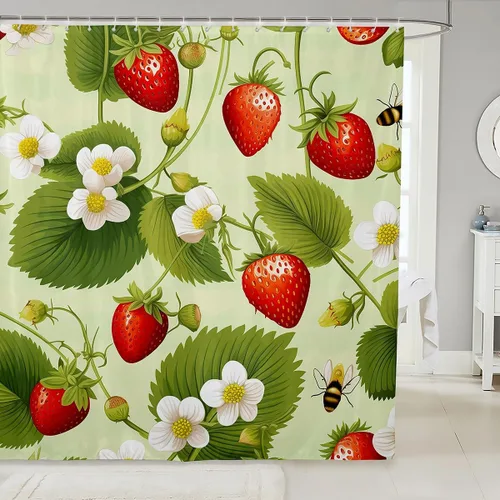 Miniatura 29 de Feelyou Accesorios impermeables de baño de cereza roja con 12 ganchos, cortina de ducha de frutas de dibujos animados para niñas, mujeres y niños