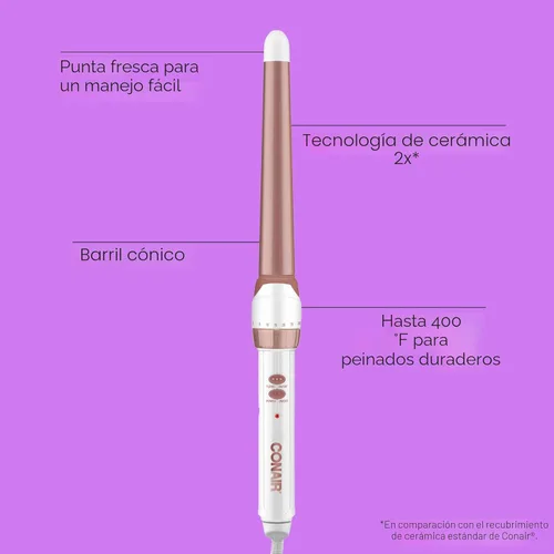 Miniatura 2 de Conair Varita rizadora cónica de cerámica doble, se estrecha de 1¼ pulgadas a ¾ pulgadas para producir ondas playeras, 30 ajustes de calor
