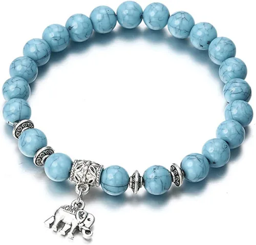 Miniatura 5 de ZALING - Pulsera elástica con cuentas de piedra natural cadena de turquesa sintética colgante de elefante para mujer