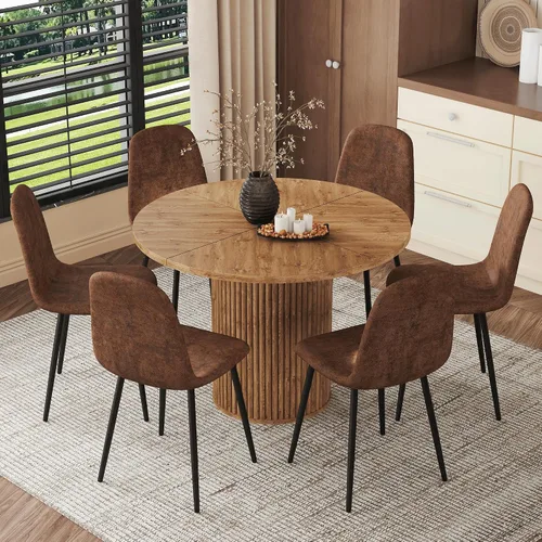 Miniatura 26 de Mesa de comedor redonda para 4-6, mesa de comedor negra con tablero de madera de 42'' y base de pedestal cilíndrico, mesa de cena redonda