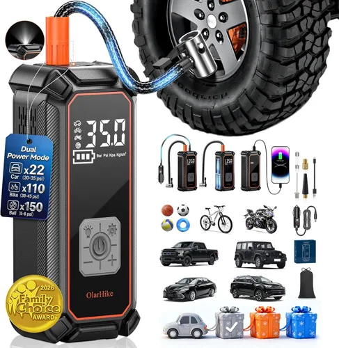 Miniatura 14 de OlarHike Compresor de aire inalámbrico, inflador de neumáticos portátil, 150PSI de doble potencia - 5400 mAh y 12V DC, bomba de aire para neumáticos