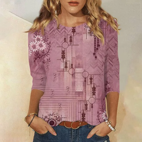 Miniatura 2 de 34 Length Sleeve Womens Tops Boho Floral Graphic Print Shirts Blouses Casual Vintage 2023 Fall Fashion T Shirt
