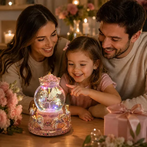 Miniatura 4 de Globo mágico de nieve de unicornio con música "Somewhere Over the Rainbow", caja de música de carrusel giratorio, luces LED y nieve con purpurina