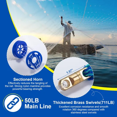 Miniatura 7 de Goture American Fishing Cast Net Saltwater Freshwater, 3/8in Mesh Size Casting Net for Bait Fish Shrimp Trap, Dual Color Double Selvage Add Tape