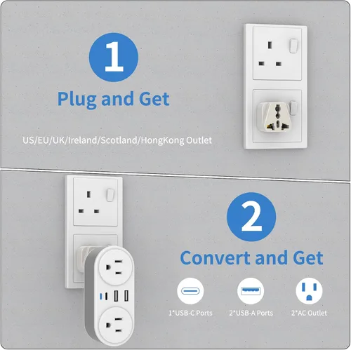 Miniatura 3 de Adaptador de enchufe de viaje europeo para Europa y Reino Unido, enchufe de alimentación internacional con 2 tomas de corriente alterna y 3 puertos
