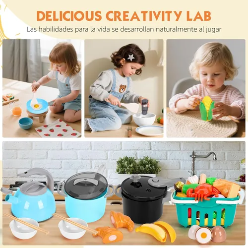 Miniatura 6 de Juego de cocina de 130 piezas, ollas de juego de cocina para niños pequeños, sartenes, utensilios, utensilios de cocina, alimentos diarios, frutas