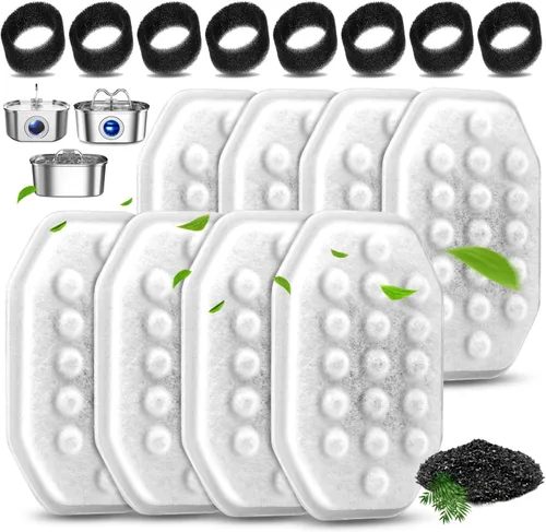 Paquete de 8 filtros de fuente de agua para gatos con 8 esponjas de prefiltro para fuente de agua de 3.2L/108 onzas, repuesto de filtro de fuente de