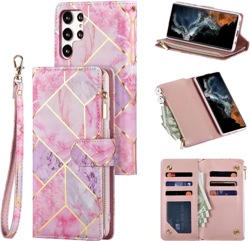Miniatura 14 de UEEBAI Funda tipo cartera para Samsung Galaxy S22 Ultra 5G, piel sintética con cierre magnético, bolsillo con cremallera, ranuras para tarjetas