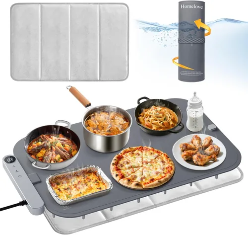 Homelove Tapete de calentamiento para alimentos, bandeja de calentamiento eléctrica con 6 niveles de temperatura y ajuste de horas, calefacción de