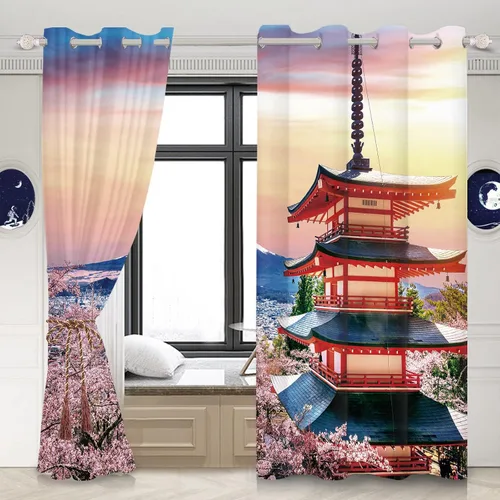 Miniatura 50 de Cortinas japonesas con pintura de tinta, monte Fuji, sol rojo, puesta de sol, hojas de bambú, cortinas de ventana para dormitorio, sala de estar