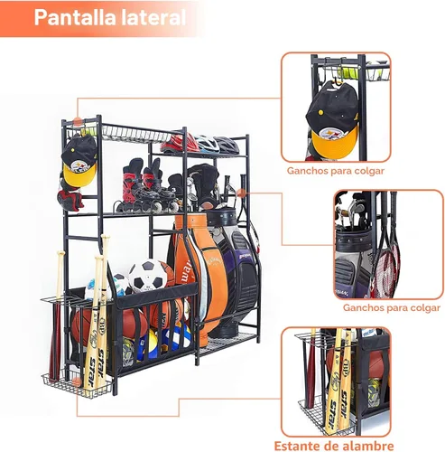 Miniatura 5 de WALMANN Organizador de equipo deportivo de garaje, soporte para bolsa de golf para almacenamiento de pelotas de garaje, estante de almacenamiento