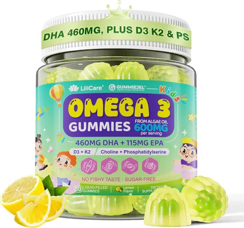 Omega-3 para niños mayores de 4 años, gomitas Focus DHA Plus EPA de algas, vitamina D3 K2, colina y PS para hueso, salud cognitiva e inmunológica,