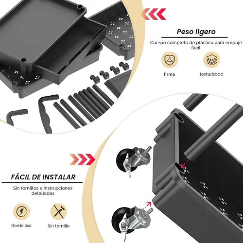 Miniatura 3 de Goovilla Organizador de carrito utilitario de 3 niveles con cajón extraíble, carritos de almacenamiento rodantes negros estables y resistentes con 2