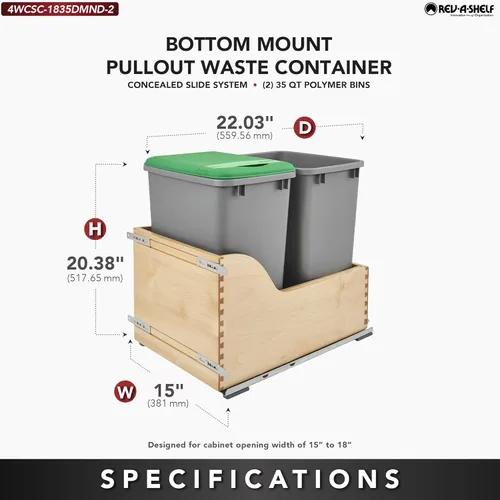 Miniatura 3 de Rev-A-Shelf Bote de basura extraíble para armarios de cocina de 35 cuartos de galón 8.75 galones montado en la parte inferior, toboganes de cierre