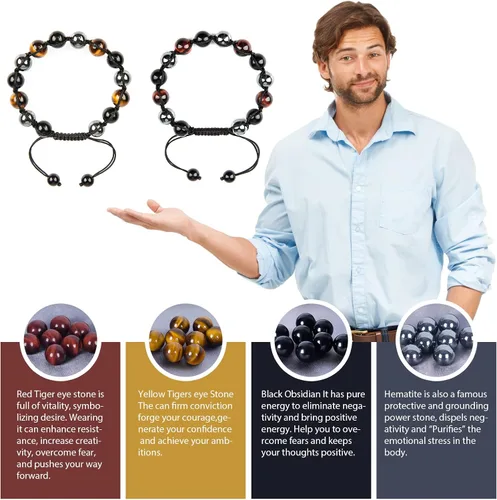 Miniatura 2 de SAMXY Triple Protection Bracelet, 8mm Healing Crystal Bead Bracelet, 3pcs Blue Red Tiger's Eye Obsidian Hematite Bracelet Women Men