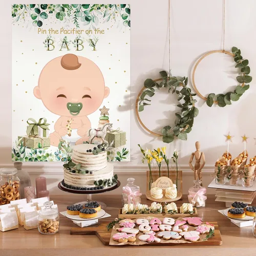 Miniatura 5 de Faccito Juego pon el chupón del baby shower Decoraciones para fiesta de baby shower Incluye póster grande 24 pegatinas de chupetes Juego con vendas