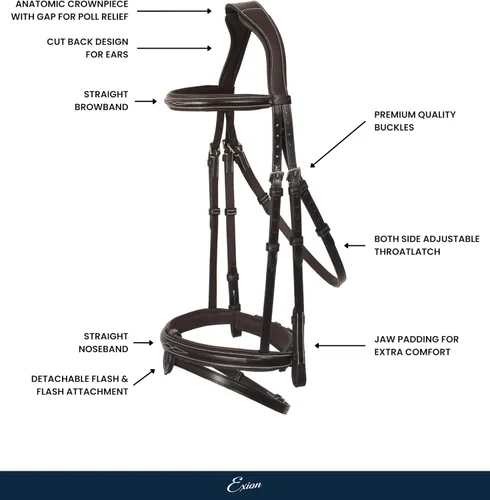 Miniatura 2 de Exion - Brida de salto anatómica para caballos con banda nasal extraíble y riendas de goma, cuero curtido vegetal de primera calidad, hebillas