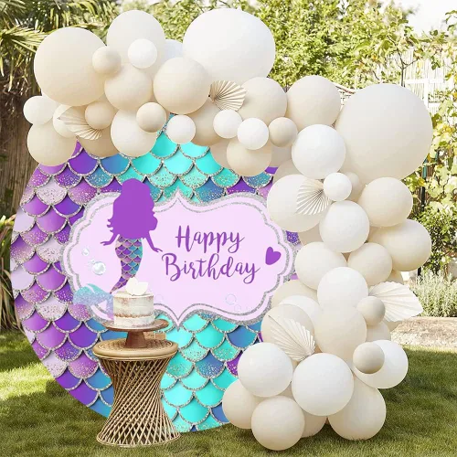 Miniatura 5 de Yeele Telón de fondo redondo de 5 x 5 pies con diseño de sirenita para niñas, fiesta de sirena bajo el mar, purpurina azul y morado con escamas