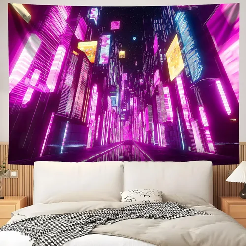 Miniatura 4 de NYZE Tapiz de luz negra de ciudad, tapiz de anime japonés, juego punk, fantasía, vista nocturna, paisaje urbano, arte futurista, neón, tapices