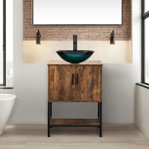 Miniatura 34 de UEV Tocador de Baño de Roble Rústico de 24" con Lavabo, Conjunto de Gabinete de Baño con Marco de Hierro Industrial con Puertas y Estante, con Combo