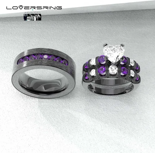Miniatura 33 de Conjunto de dos anillos de boda para él y para ella, anillos para parejas. Anillos de compromiso para novia en acero inoxidable chapado en oro Blanco