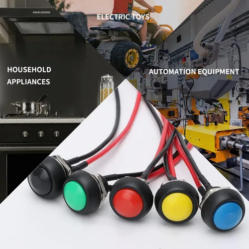 Miniatura 7 de STARELO 6 interruptores de botón momentáneos de 0.472 in, mini interruptor redondo impermeable SPST 3A 125V AC 2Pin 1NO con cable pre-soldado Negro