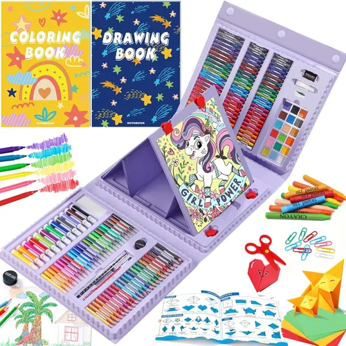 Todo en un Suministros de Arte, Kit de Arte Incluye Caballete, Papel para Origami, Lápices de Colores, Crayolas, Libro de Dibujo, Libro para Morado