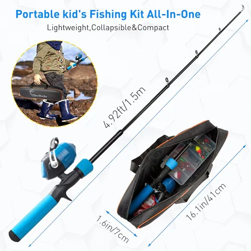 Miniatura 3 de Kit de caña de pescar para niños, caña telescópica de 59 pulgadas y carrete para principiantes con carrete Spincast, caja de aparejos, bolsa