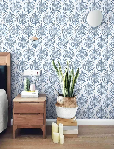 Miniatura 7 de Safiyya Papel Tapiz Despegar y Pegar de 118"x17.3" Azul y Blanco Papel de Contacto Papel Tapiz Geométrico Autoadhesivo Removible para Dormitorio