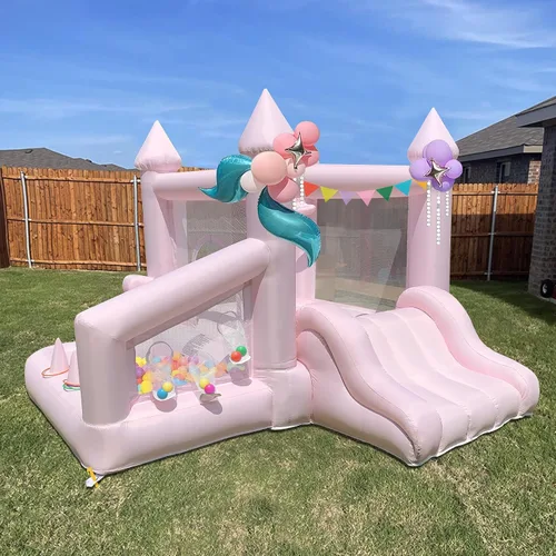 Miniatura 9 de Casa de rebote blanca, casa inflable para niños de 3 a 6 años con piscina de bolas y tobogán, castillo inflable para fiestas de cumpleaños, bodas