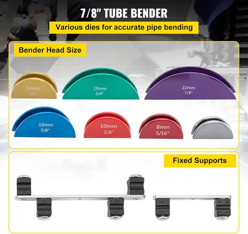 Miniatura 4 de VEVOR Dobladora de tubos de cobre, 7 troqueles coloridos de 1/4-7/8 pulgadas, 90 grados de flexión hacia adelante y hacia atrás, 0.236-0.866 in