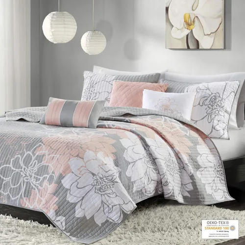Miniatura 2 de Madison Park Lola Juego de colcha 100 % algodón, informal, floral, puntadas en canal, 365 días, ligero, colcha, almohadas decorativas, fundas, Rubor