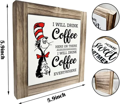 Miniatura 2 de Letrero de placa de madera con texto en inglés «I will Drink Coffee Everywhere», caja de madera decorativa de escritorio, placa rústica de madera