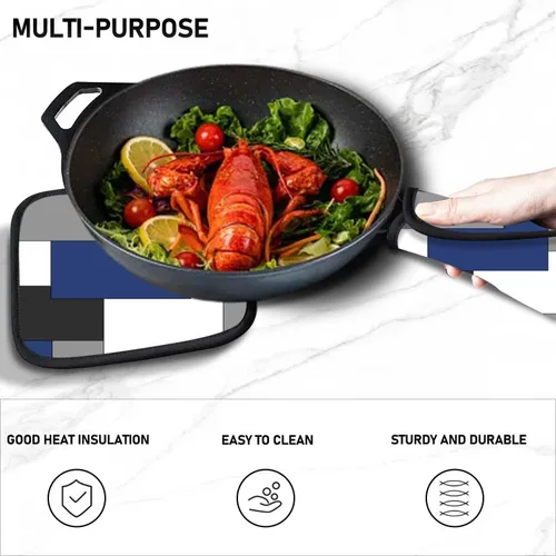 Miniatura 5 de MCALK Juego de 5 guantes de horno y soportes para ollas color azul marino, guantes de horno negros y almohadillas calientes para cocina de cocina