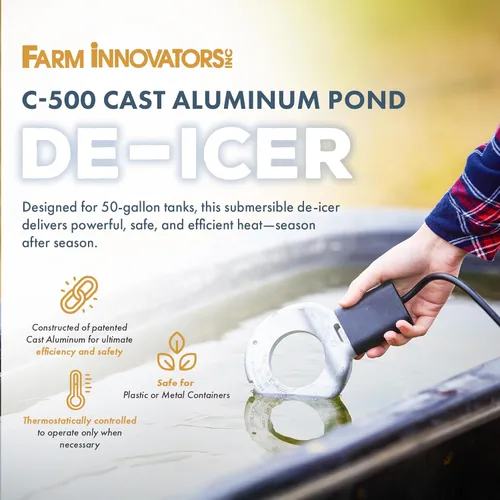 Miniatura 2 de Farm Innovators C-500 - Descongelador de agua sumergible de aluminio fundido, alimentado a 500 vatios con capacidad de 50 galones para un uso