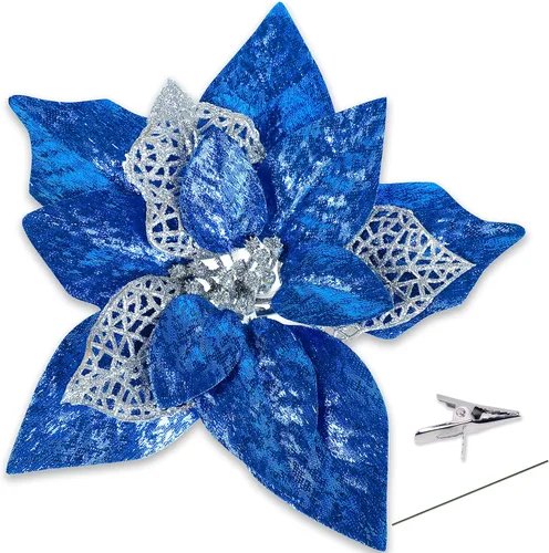 15 adornos de flores artificiales para árbol de Navidad, flores de Pascua artificiales, tamaño grande, 8.7 pulgadas, flor de purpurina de Navidad