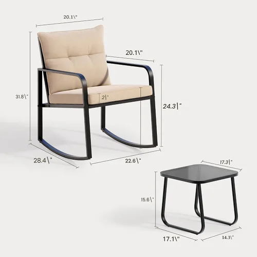 Miniatura 3 de Gizoon, Juego de 3 piezas de sillas mecedoras estilo bistró, muebles de patio de acero negro, juego de sillas para el porche con mesa de café