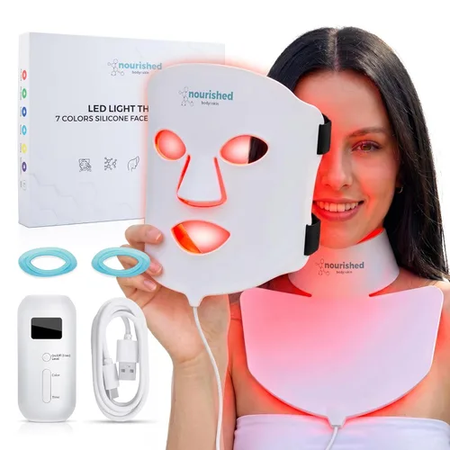 Nourished Bodynskin Máscara facial y cuello con terapia de luz LED, dispositivo de cuidado de la piel facial, 7 colores rojo y azul,