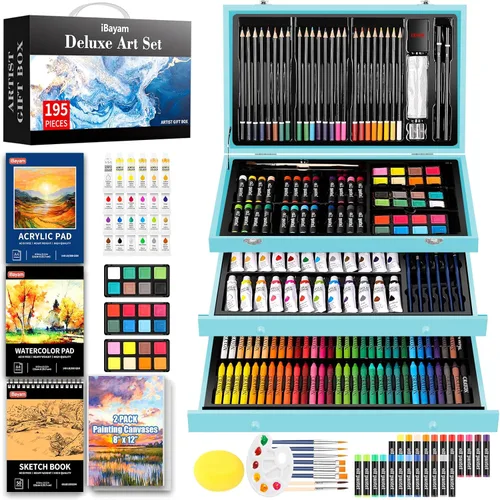 iBayam Juego de Arte para Niños, Adolescentes, Niñas, Niños, Adultos, Caja de Regalo Deluxe de 195 Piezas con 3 Libretas de Dibujo, Lienzo A4, Kits