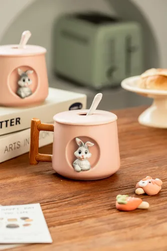 Miniatura 3 de DIHOclub Adorable Taza de Cerámica 3D de Conejo con Tapa y Cuchara Perfecta para Café, Té, Leche y Más - Regalo Ideal para Amantes de los Conejitos