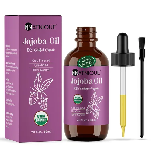 Natnique Aceite de jojoba orgánico, cepillo incluido, certificado USDA, prensado en frío, sin refinar y sin hexano, hidratante puro para cabello,