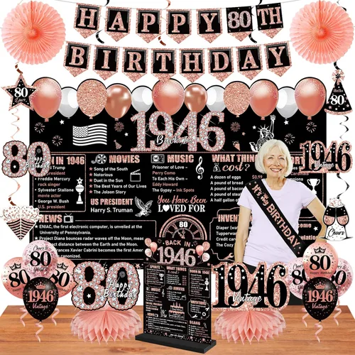 Decoraciones de cumpleaños número 80 para mujer, 25 piezas de pancarta de feliz cumpleaños 80 color negro y rosa dorado vintage 1946 telón de fondo