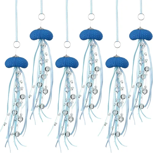 Namalu 6 piezas de adorno de Navidad de erizo de mar y medusa con cuentas costeras, decoración festiva de playa con temática de océano, adorno Azul