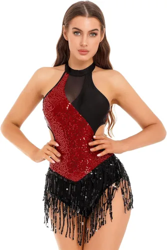 Miniatura 2 de Xnihocha Body de lentejuelas brillantes con flecos, leotardo sexy con borlas, traje de baile de jazz, vestido de una pieza para actuación en escen