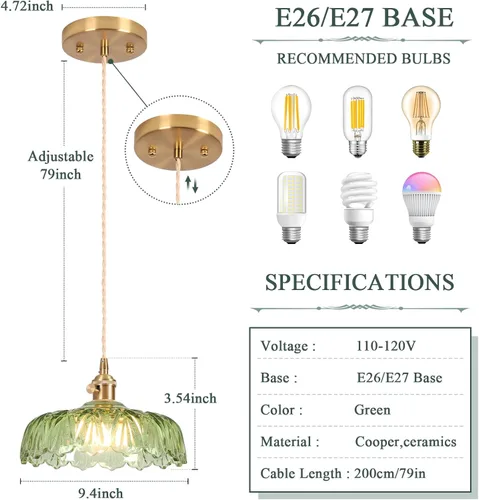 Miniatura 3 de Luces Colgantes para Isla de Cocina, Luz Colgante de Cristal Verde Accesorios de Iluminación Vintage, 9.4 pulgadas E26 Acabado Lámpara Colgante