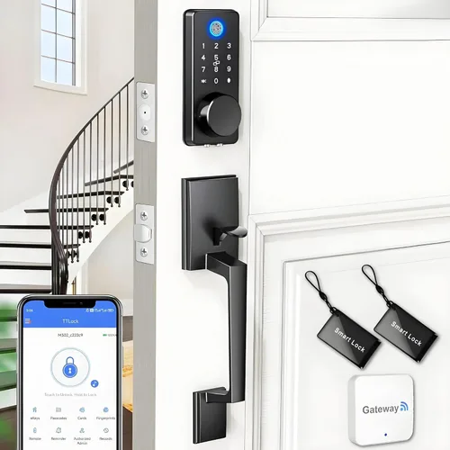 Juego de cerradura inteligente WiFi para puerta de entrada sin llave con manija de puerta delantera, desbloqueo biométrico de huellas dactilares
