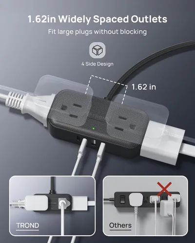 Miniatura 5 de TROND Regleta de alimentación de enchufe plano de 3 pies, cable de extensión plano pequeño con múltiples tomas, 4 puertos de CA y 4 puertos USB