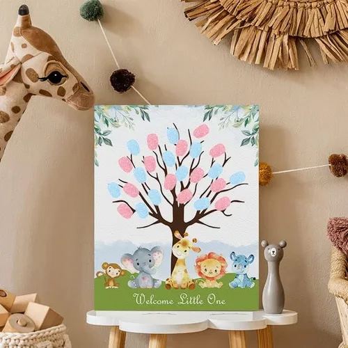 Miniatura 4 de Azbuk Libro de Invitados de Árbol de Huellas Dactilares para Revelación de Género para Baby Shower, Lienzo de Libro de Invitados de Huellas Animales