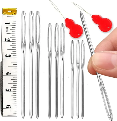 9 piezas/3 tamaños de agujas romas de ojos grandes, cinta métrica flexible doble, aguja de hilo de acero con enhebrador, aguja de tapiz para coser